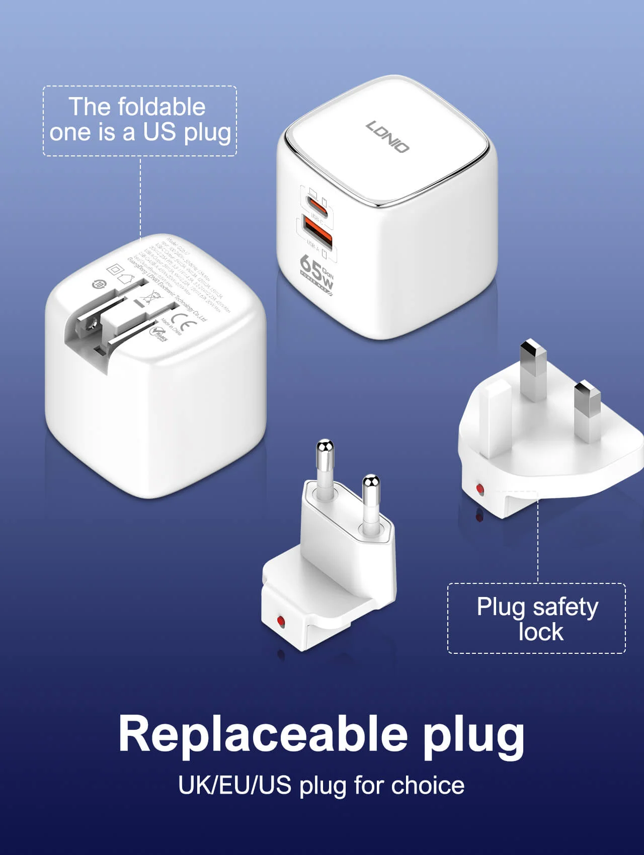 LDNIO 65W Q2617 Fast Wall Charger with Foldable Plug and PD QC 3.0 Adapter - Compact and Powerful Mobile Phone Charger