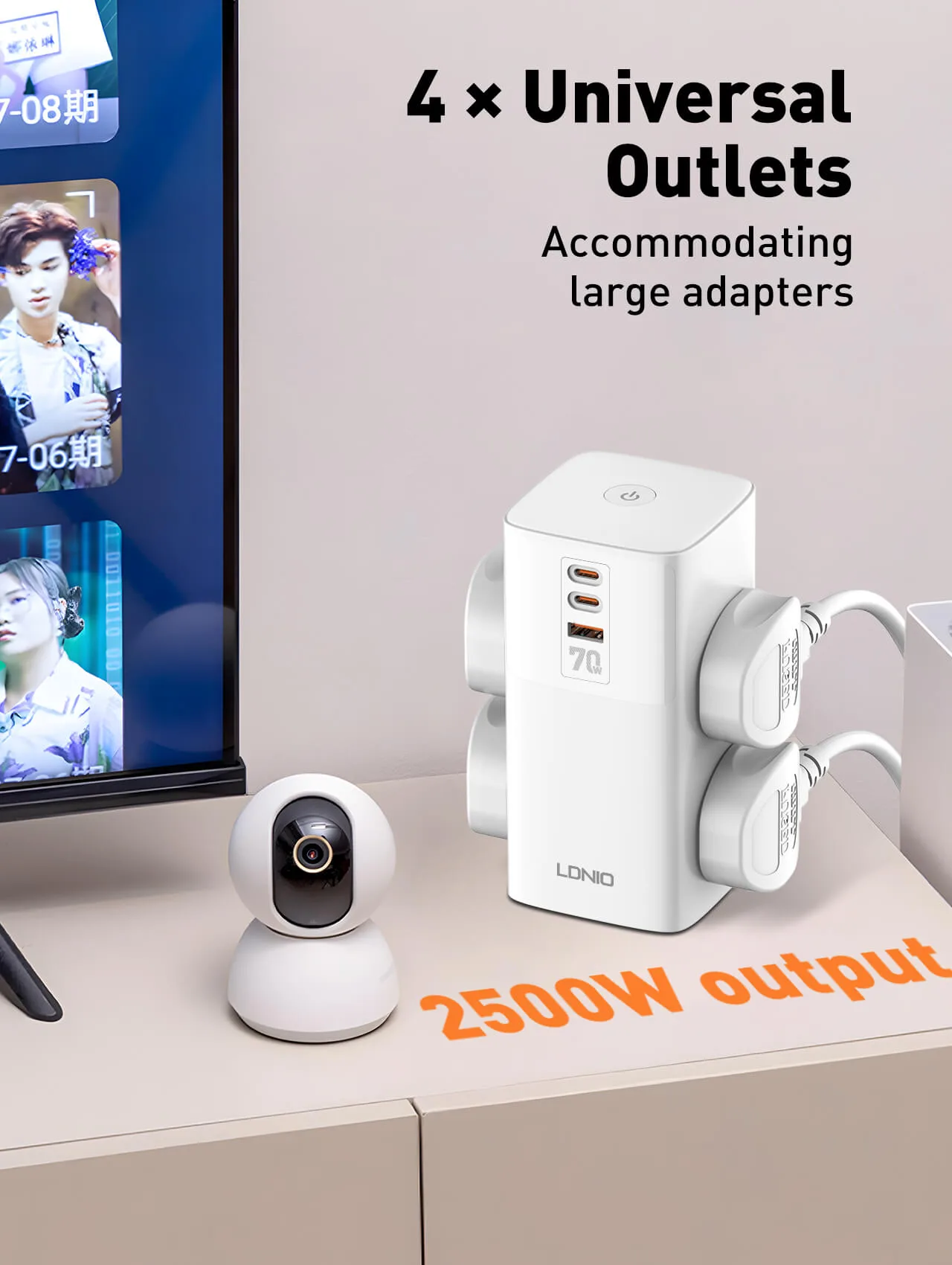 LDNIO SC4383 70W PD Adapter Multifunction Charger Power Strip with USB Ports Type C and 200cm Extension Socket Power Cord - EU, UK, US Plug