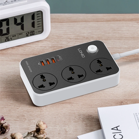 LDNIO SC3412 Universal Power Strip with 3 AC outlets and 4 USB ports (38W Fast Charging), featuring PD3.0 and QC3.0, multi-protection, and universal plug support.