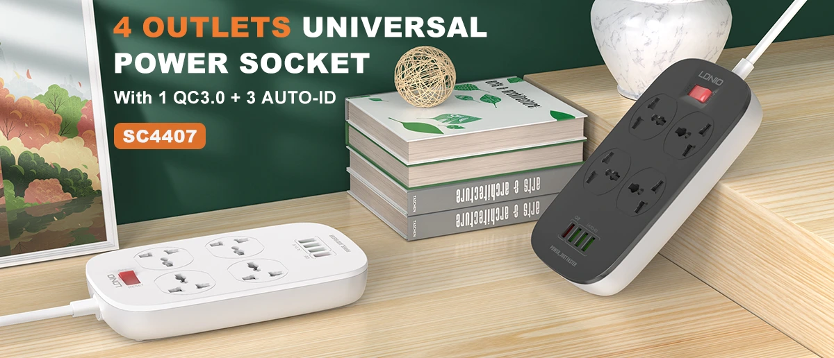 LDNIO-SC4407-Universal-Power-Strip-4-AC-Outlets-QC3.0-Fast-Charging-Surge-Protector