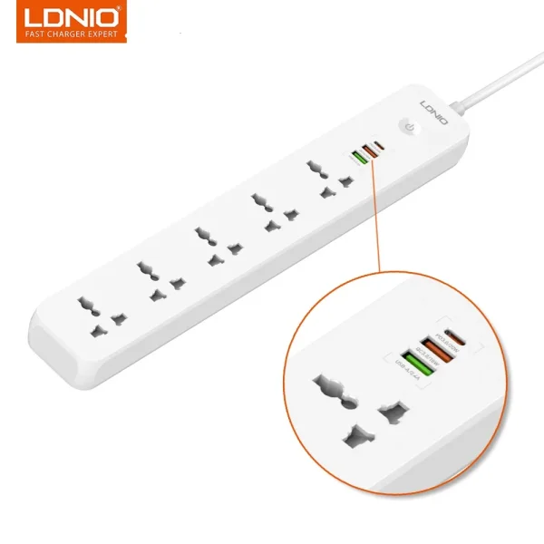 LDNIO SC5319 Multi-Socket Extension Lead with 5 AC Outlets, 3 USB Ports, and 2M Cable for Home and Office