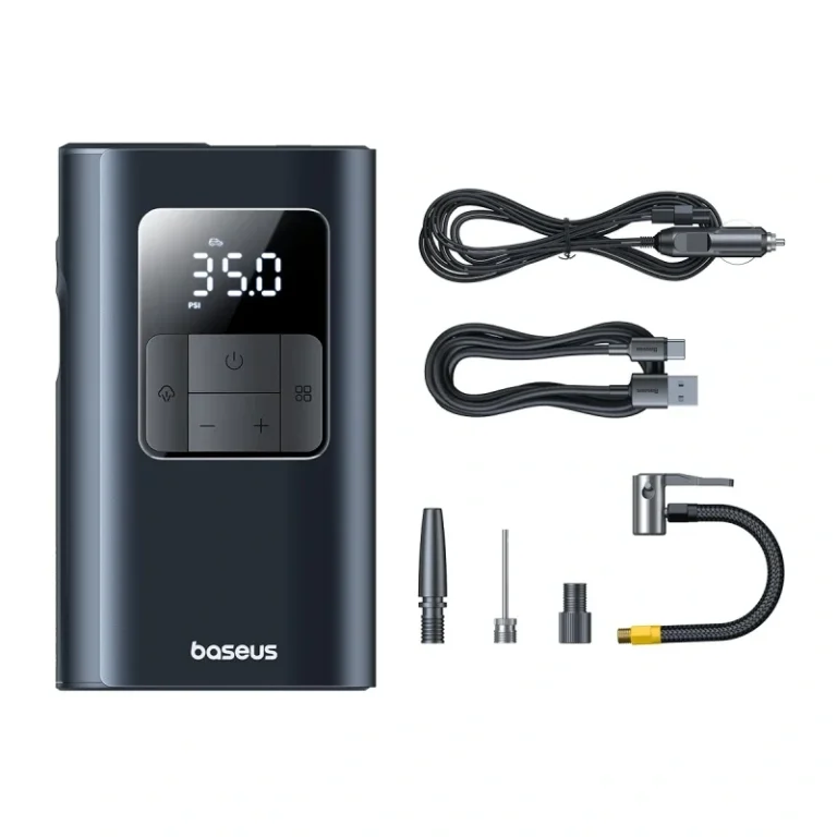Baseus PrimeTrip VA1 2-in-1 Car Tire Inflator – Wireless & Wired, Dual-Port Power Bank, Detachable Flashlight, High-Accuracy Pressure Reading.