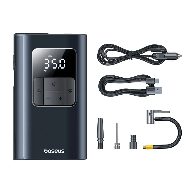 Baseus PrimeTrip VA1 2-in-1 Car Tire Inflator – Wireless & Wired, Dual-Port Power Bank, Detachable Flashlight, High-Accuracy Pressure Reading.