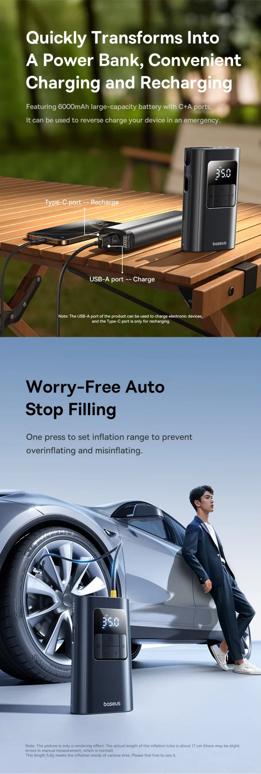 Baseus PrimeTrip VA1 2-in-1 Car Tire Inflator – Wireless & Wired, Dual-Port Power Bank, Detachable Flashlight, High-Accuracy Pressure Reading.