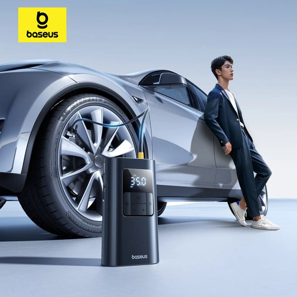 Baseus PrimeTrip VA1 2-in-1 Car Tire Inflator – Wireless & Wired, Dual-Port Power Bank, Detachable Flashlight, High-Accuracy Pressure Reading.