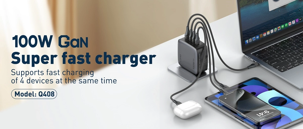 LDNIO Q408 100W GaN Super Fast Charger with 4 Ports (USB-C & USB-A), Compact Design, Safe & Fast Charging for Devices