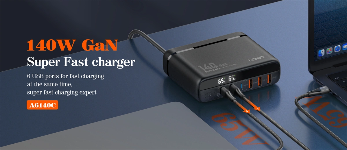 LDNIO A6140C 140W GaN Super Fast Desktop Charger with 6 Ports, USB-C, PD QC3.0, LED Display for iPhone, MacBook, Samsung, Laptop Charging