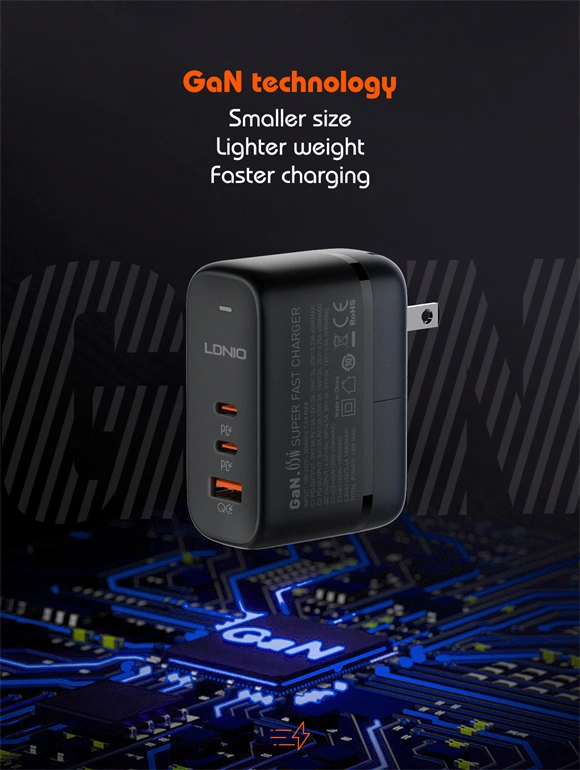LDNIO Q366 65W GaN Super Fast Charger with 3 Ports (USB-C & USB-A), PD QC4.0+ Quick Charging, Universal Travel Adapter for iPhone and Android