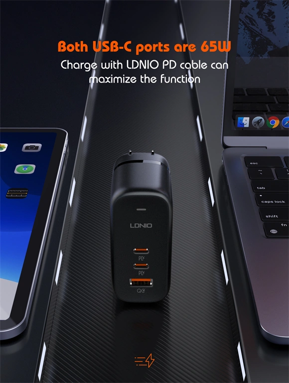 LDNIO Q366 65W GaN Super Fast Charger with 3 Ports (USB-C & USB-A), PD QC4.0+ Quick Charging, Universal Travel Adapter for iPhone and Android
