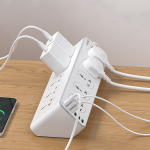 LDNIO SC10610 power strip 2500W with PD 3.0, QC 3.0, 4 USB ports, surge protection, child safety door, and 2-meter heavy-duty power cord for fast charging.