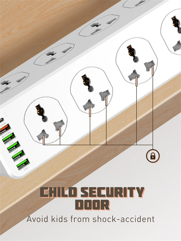 LDNIO SC10610 power strip 2500W with PD 3.0, QC 3.0, 4 USB ports, surge protection, child safety door, and 2-meter heavy-duty power cord for fast charging.