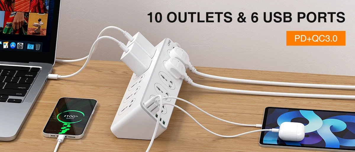 LDNIO SC10610 power strip 2500W with PD 3.0, QC 3.0, 4 USB ports, surge protection, child safety door, and 2-meter heavy-duty power cord for fast charging.