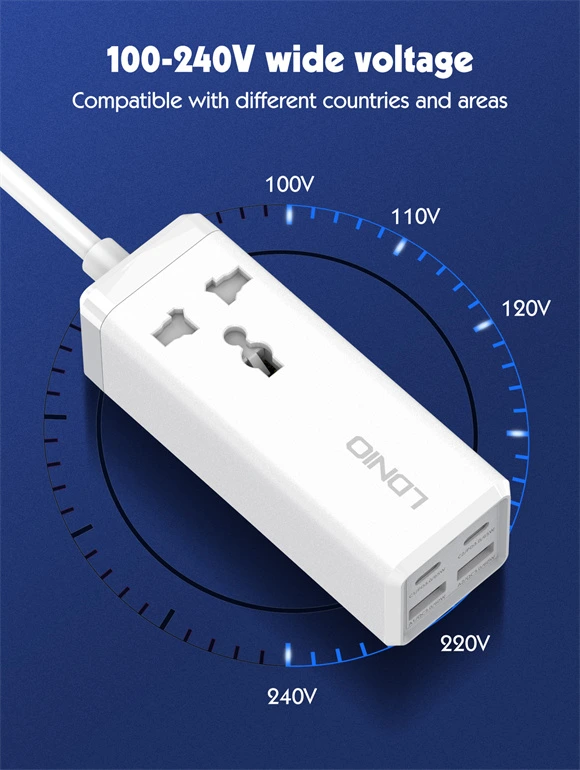 LDNIO SC1418 65W PD adapter multifunction charger power strip with USB ports, Type C support, and 200cm extension socket power cord for fast charging.