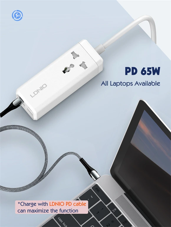 LDNIO SC1418 65W PD adapter multifunction charger power strip with USB ports, Type C support, and 200cm extension socket power cord for fast charging.