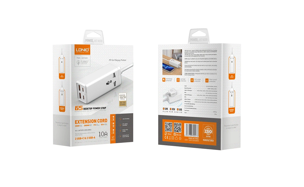 LDNIO SC1418 65W PD adapter multifunction charger power strip with USB ports, Type C support, and 200cm extension socket power cord for fast charging.