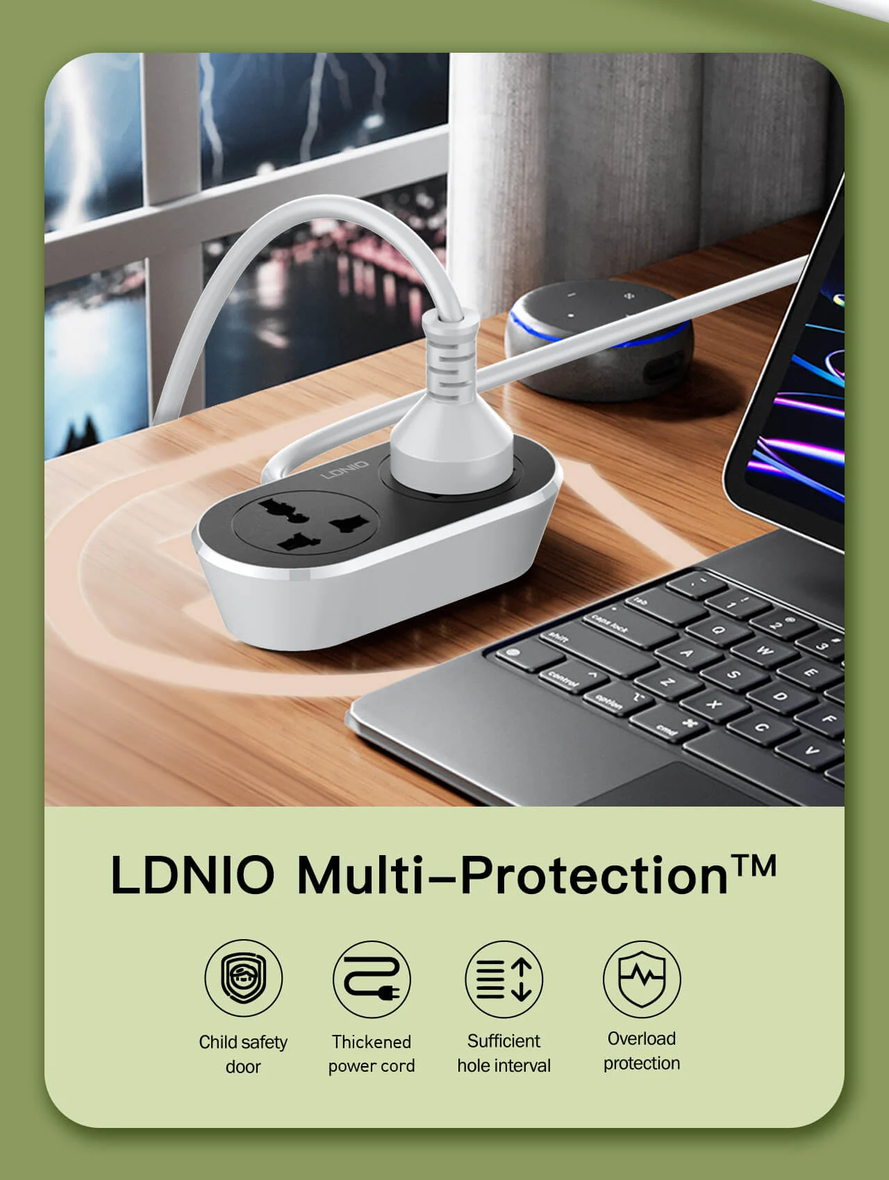 LDNIO SC2018 Power Strip with 2 AC outlets, universal extension cord, EU plug, and surge protection.