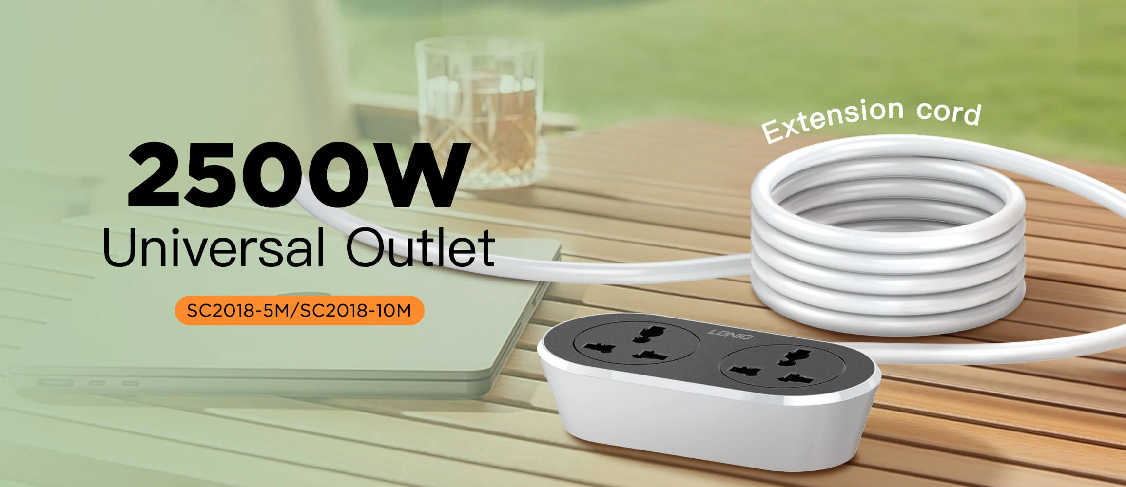 LDNIO SC2018 Power Strip with 2 AC outlets, universal extension cord, EU plug, and surge protection.