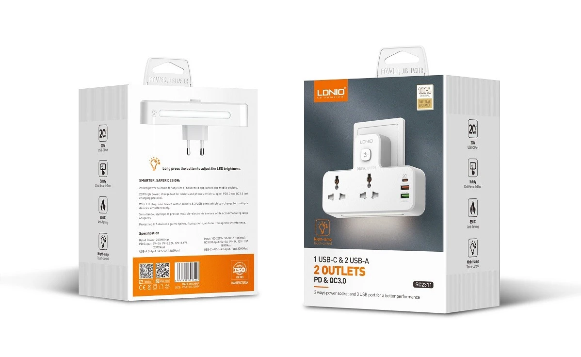 LDNIO SC2311 Power Extension with 20W fast charging, dual AC outlets, USB ports, and touch-control night lamp.