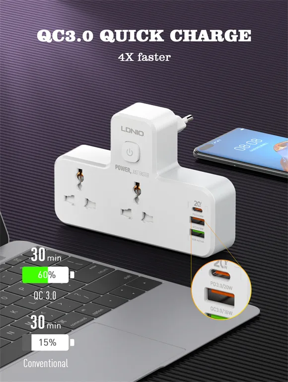 LDNIO SC2311 Power Extension with 20W fast charging, dual AC outlets, USB ports, and touch-control night lamp.