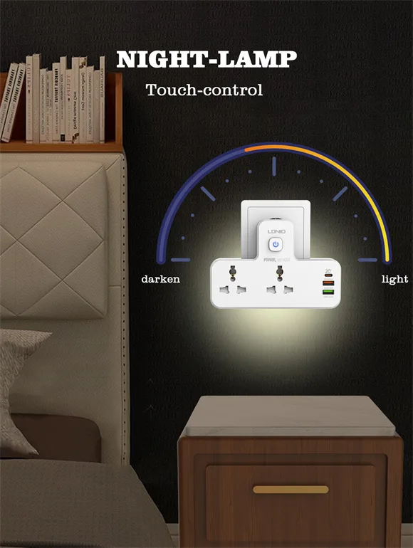 LDNIO SC2311 Power Extension with 20W fast charging, dual AC outlets, USB ports, and touch-control night lamp.