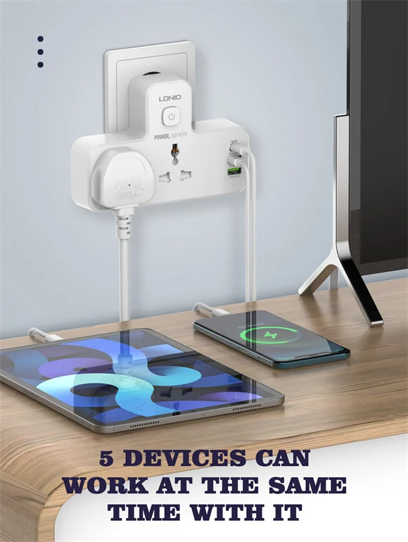 LDNIO SC2311 Power Extension with 20W fast charging, dual AC outlets, USB ports, and touch-control night lamp.