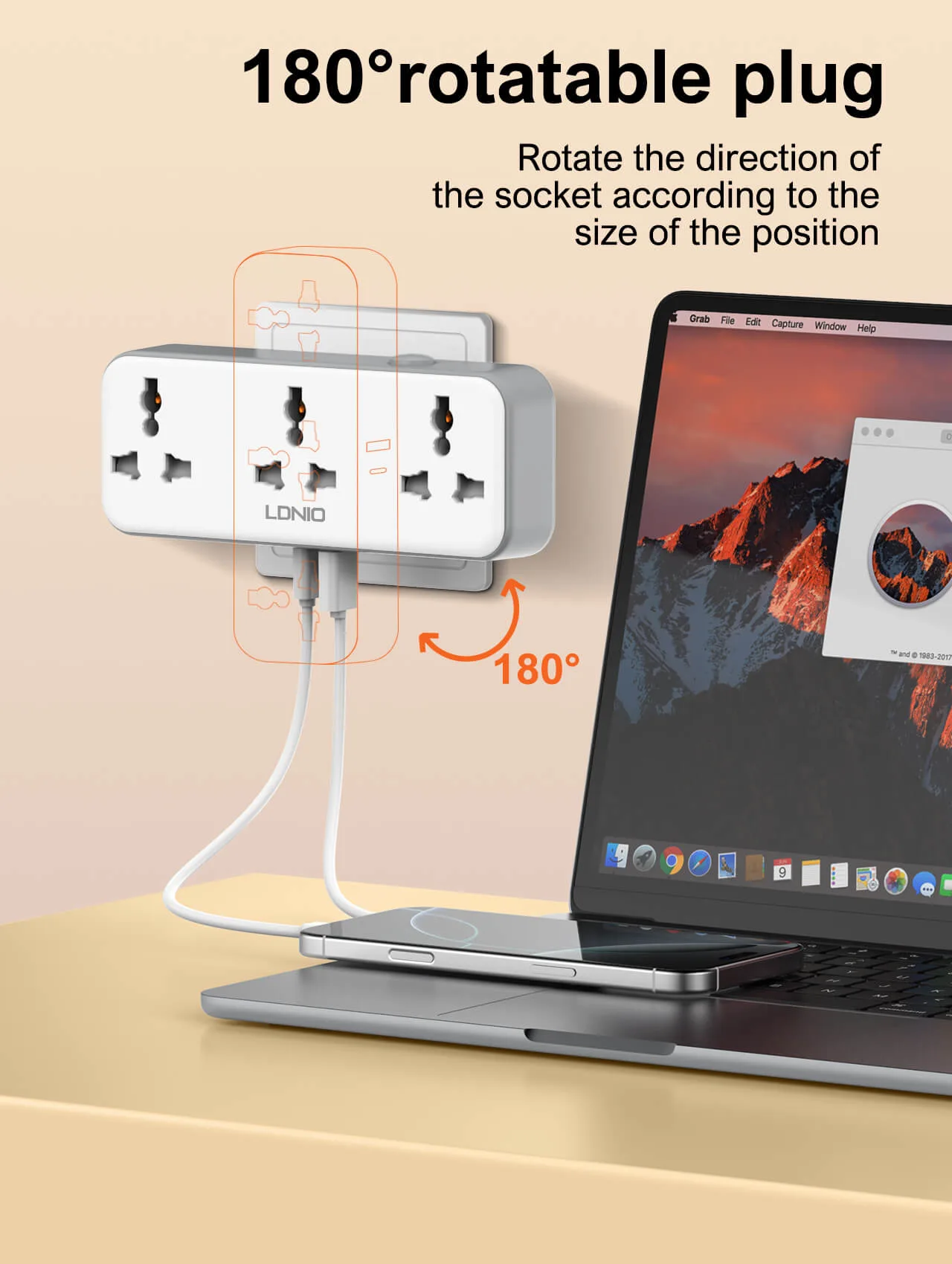LDNIO SC3317 Power Extension with multi plug extension with USB, 20W fast charging, three AC outlets, and EU plug compatibility.