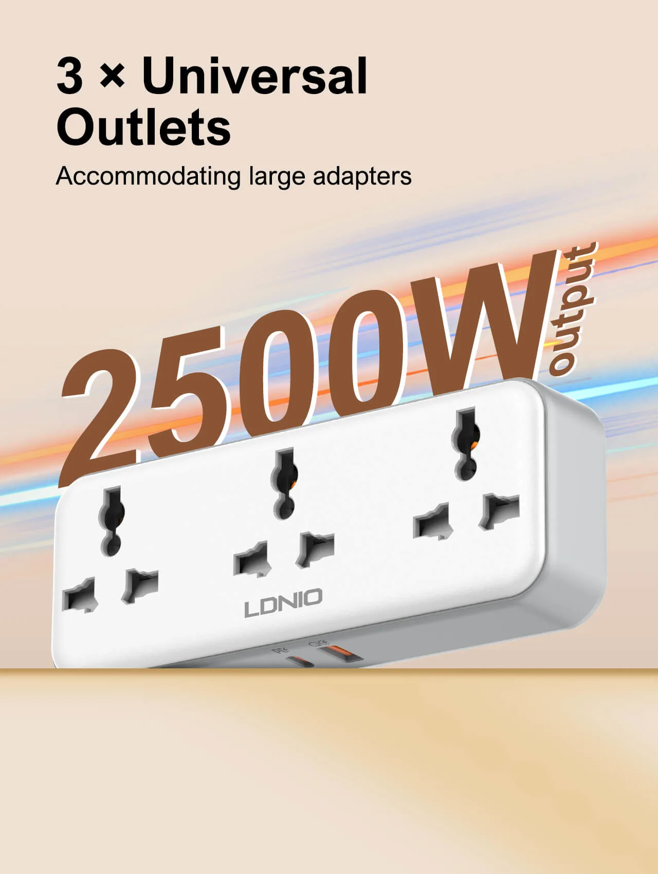 LDNIO SC3317 Power Extension with multi plug extension with USB, 20W fast charging, three AC outlets, and EU plug compatibility.