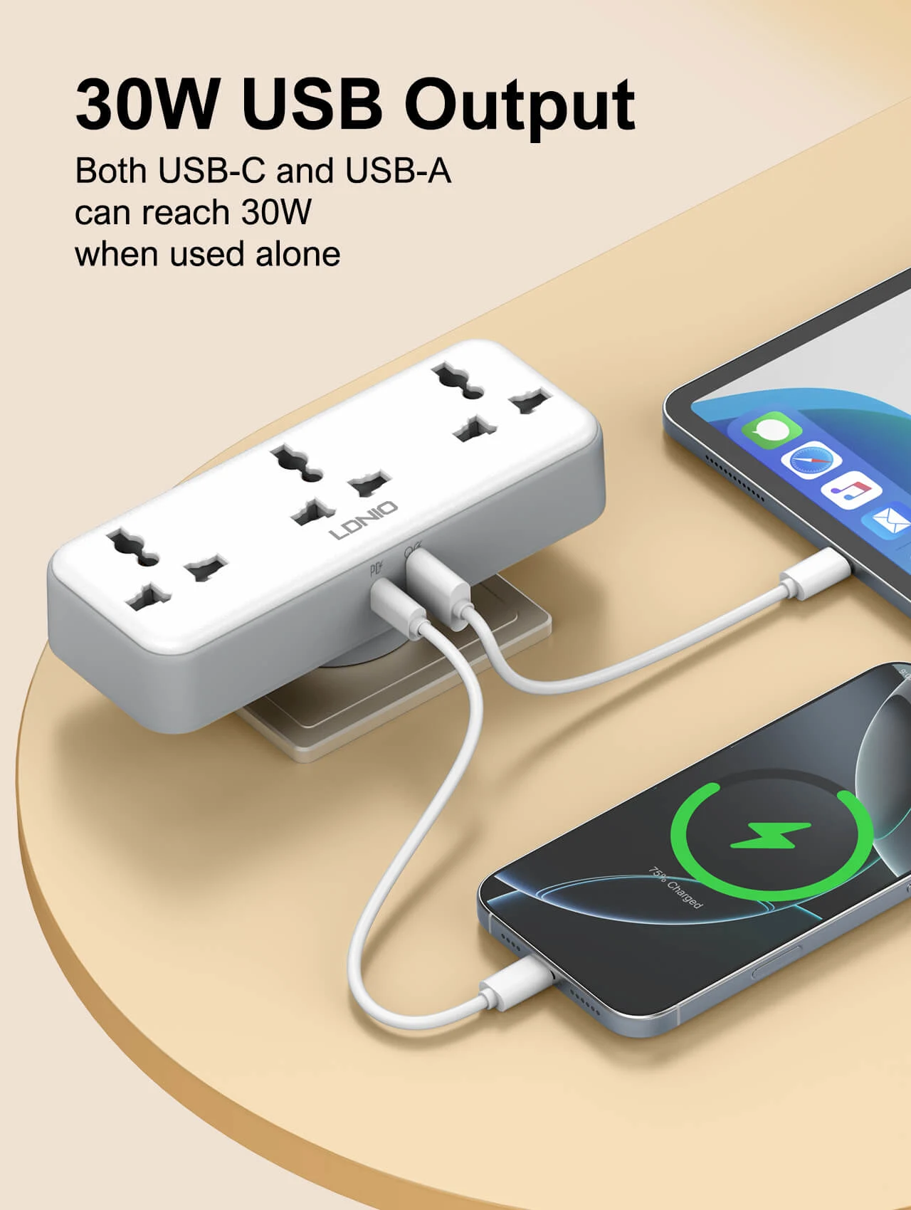 LDNIO SC3317 Power Extension with multi plug extension with USB, 20W fast charging, three AC outlets, and EU plug compatibility.