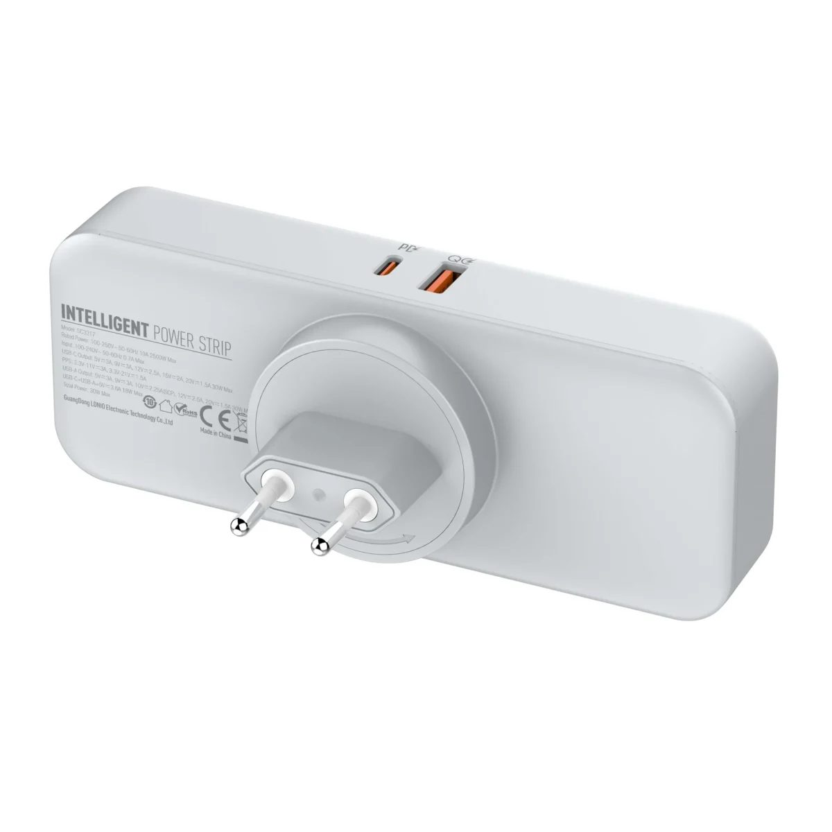 LDNIO SC3317 Power Extension with multi plug extension with USB, 20W fast charging, three AC outlets, and EU plug compatibility.