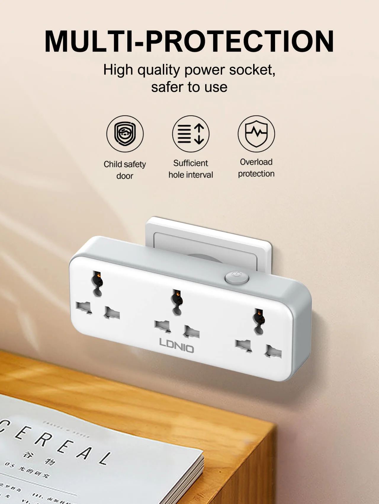 LDNIO SC3317 Power Extension with multi plug extension with USB, 20W fast charging, three AC outlets, and EU plug compatibility.