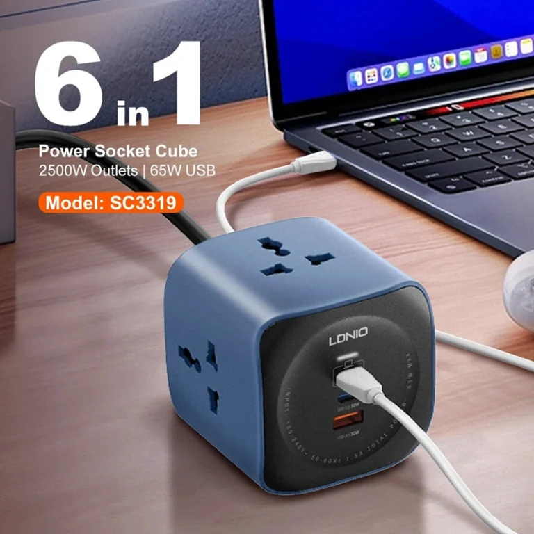 LDNIO SC3319 65W 6-in-1 Power Socket Cube with 2500W Outlets and USB-C Charging Hub