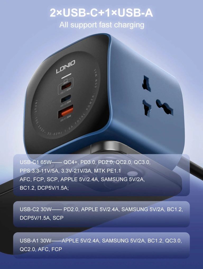 LDNIO SC3319 65W 6-in-1 Power Socket Cube with 2500W Outlets and USB-C Charging Hub