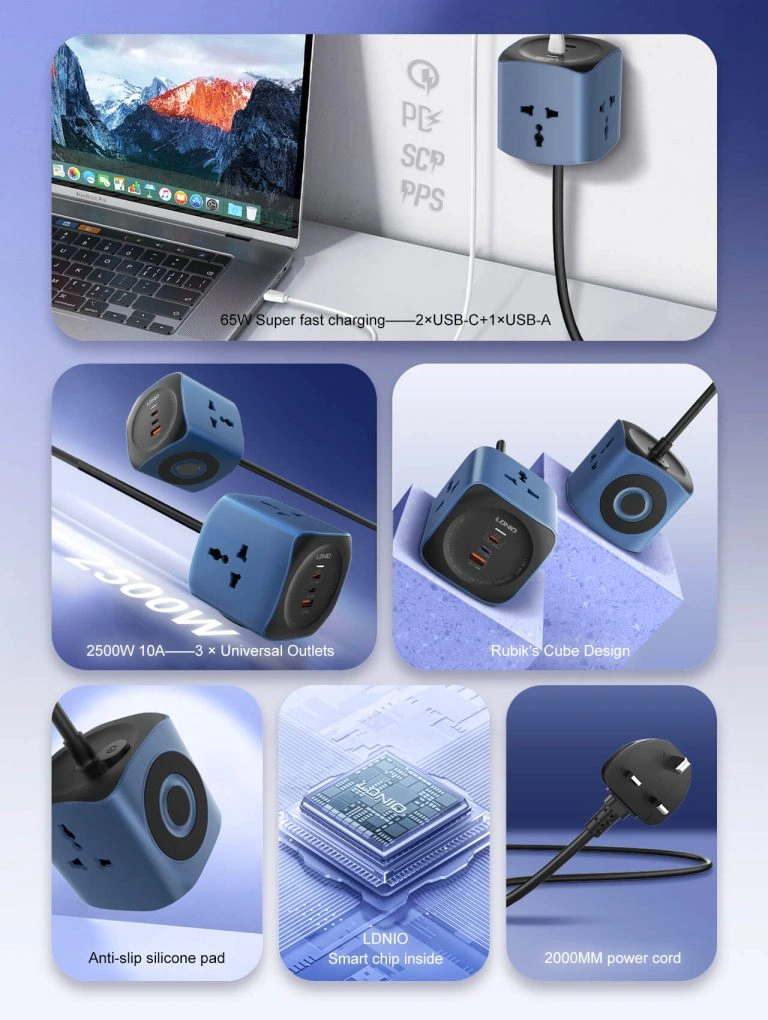 LDNIO SC3319 65W 6-in-1 Power Socket Cube with 2500W Outlets and USB-C Charging Hub