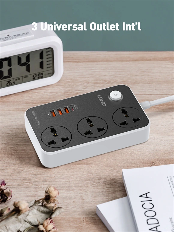 LDNIO SC3412 Universal Power Strip with 3 AC outlets and 4 USB ports (38W Fast Charging), featuring PD3.0 and QC3.0, multi-protection, and universal plug support.