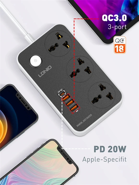 LDNIO SC3412 Universal Power Strip with 3 AC outlets and 4 USB ports (38W Fast Charging), featuring PD3.0 and QC3.0, multi-protection, and universal plug support.