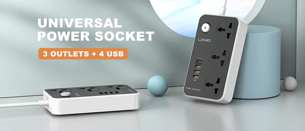 LDNIO SC3412 Universal Power Strip with 3 AC outlets and 4 USB ports (38W Fast Charging), featuring PD3.0 and QC3.0, multi-protection, and universal plug support.