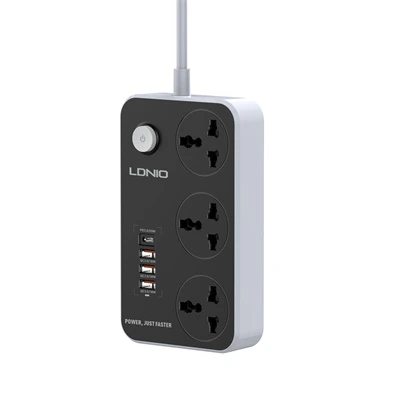 LDNIO SC3412 Universal Power Strip with 3 AC outlets and 4 USB ports (38W Fast Charging), featuring PD3.0 and QC3.0, multi-protection, and universal plug support.