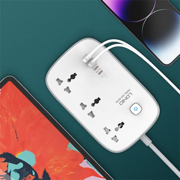 LDNIO SC3416 Power Strip with 3 AC outlets, 4 GaN USB ports, fast charging support, and universal plug compatibility.