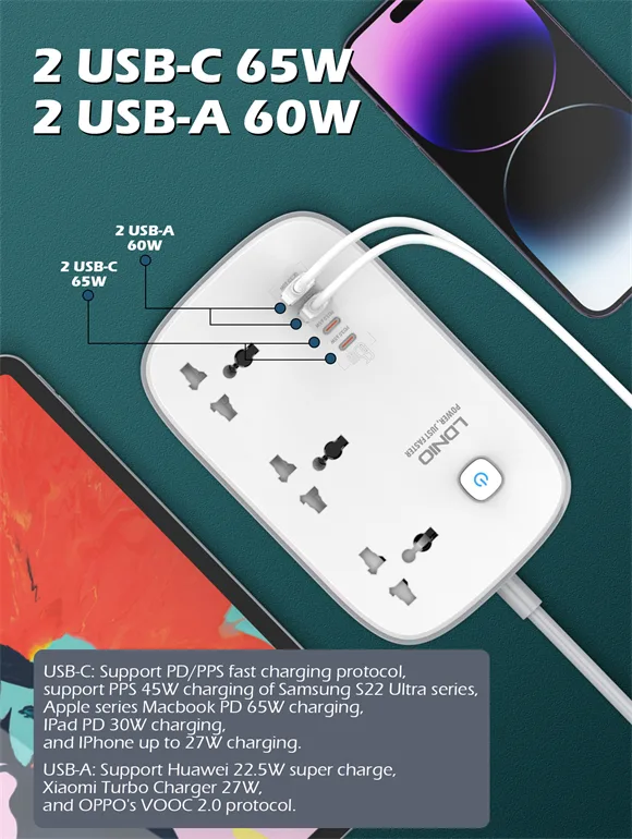 LDNIO SC3416 Power Strip with 3 AC outlets, 4 GaN USB ports, fast charging support, and universal plug compatibility.