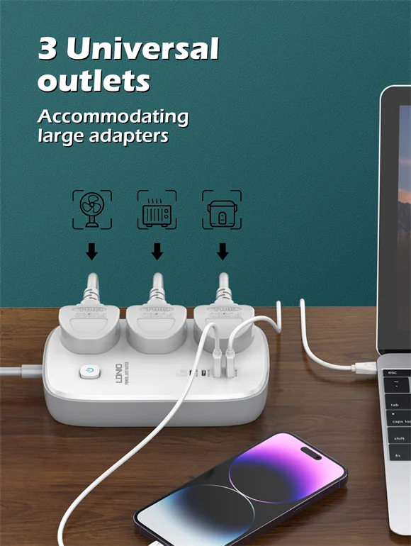 LDNIO SC3416 Power Strip with 3 AC outlets, 4 GaN USB ports, fast charging support, and universal plug compatibility.