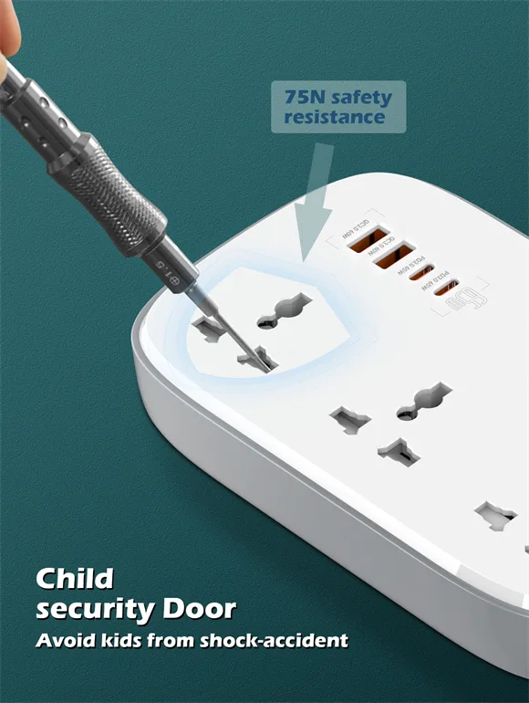 LDNIO SC3416 Power Strip with 3 AC outlets, 4 GaN USB ports, fast charging support, and universal plug compatibility.