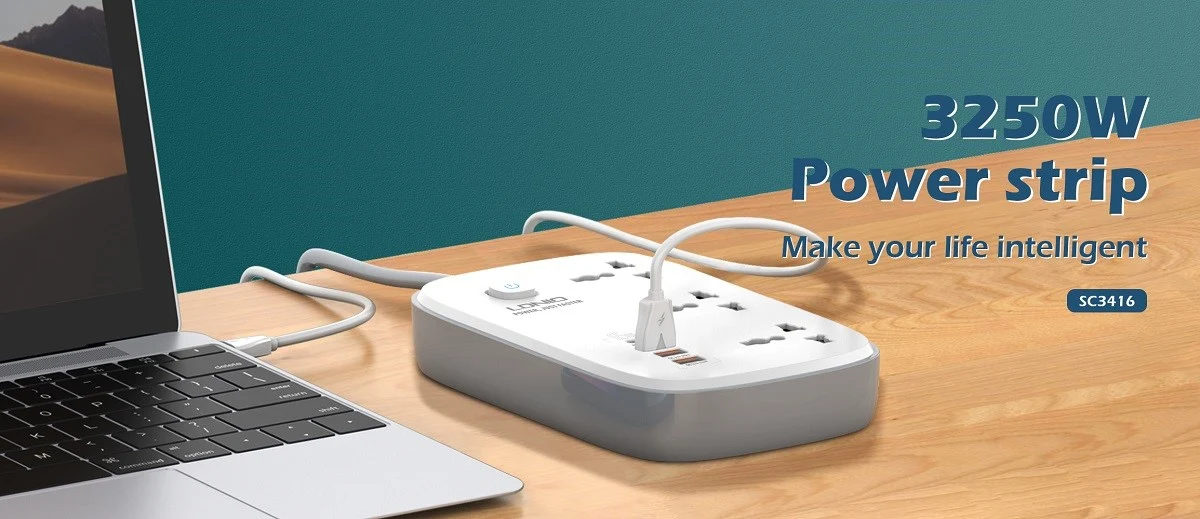 LDNIO SC3416 Power Strip with 3 AC outlets, 4 GaN USB ports, fast charging support, and universal plug compatibility.