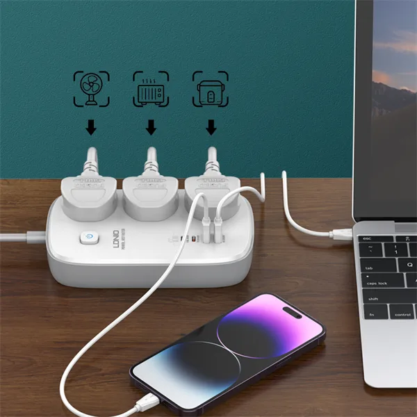 LDNIO SC3416 Power Strip with 3 AC outlets, 4 GaN USB ports, fast charging support, and universal plug compatibility.
