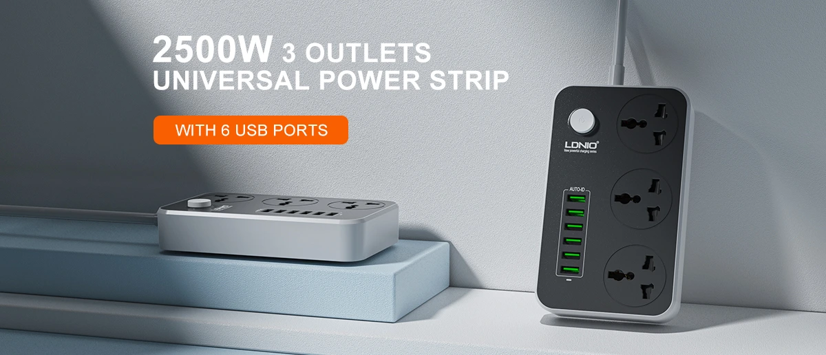 LDNIO SC3604 Universal Power Strip with 3 AC Outlets & 6 USB Ports, 17W fast charging, 2500W power output, and multi-protection safety.