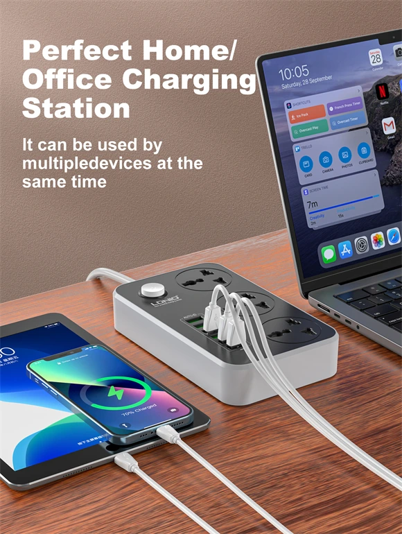 LDNIO SC3604 Universal Power Strip with 3 AC Outlets & 6 USB Ports, 17W fast charging, 2500W power output, and multi-protection safety.