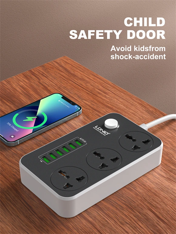LDNIO SC3604 Universal Power Strip with 3 AC Outlets & 6 USB Ports, 17W fast charging, 2500W power output, and multi-protection safety.