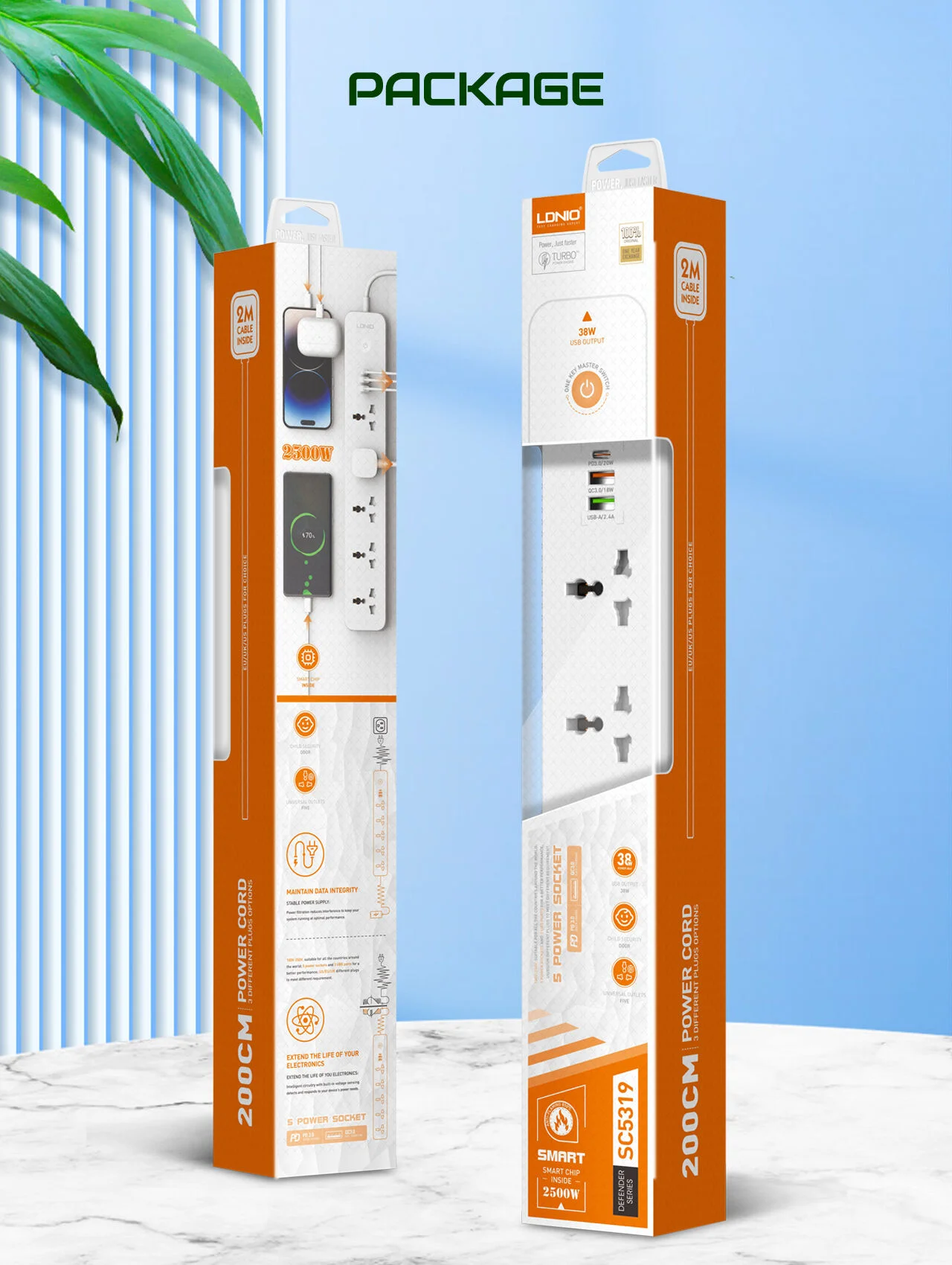 LDNIO SC5319 Multi-Socket Extension Lead with 5 AC Outlets, 3 USB Ports, and 2M Cable for Home and Office