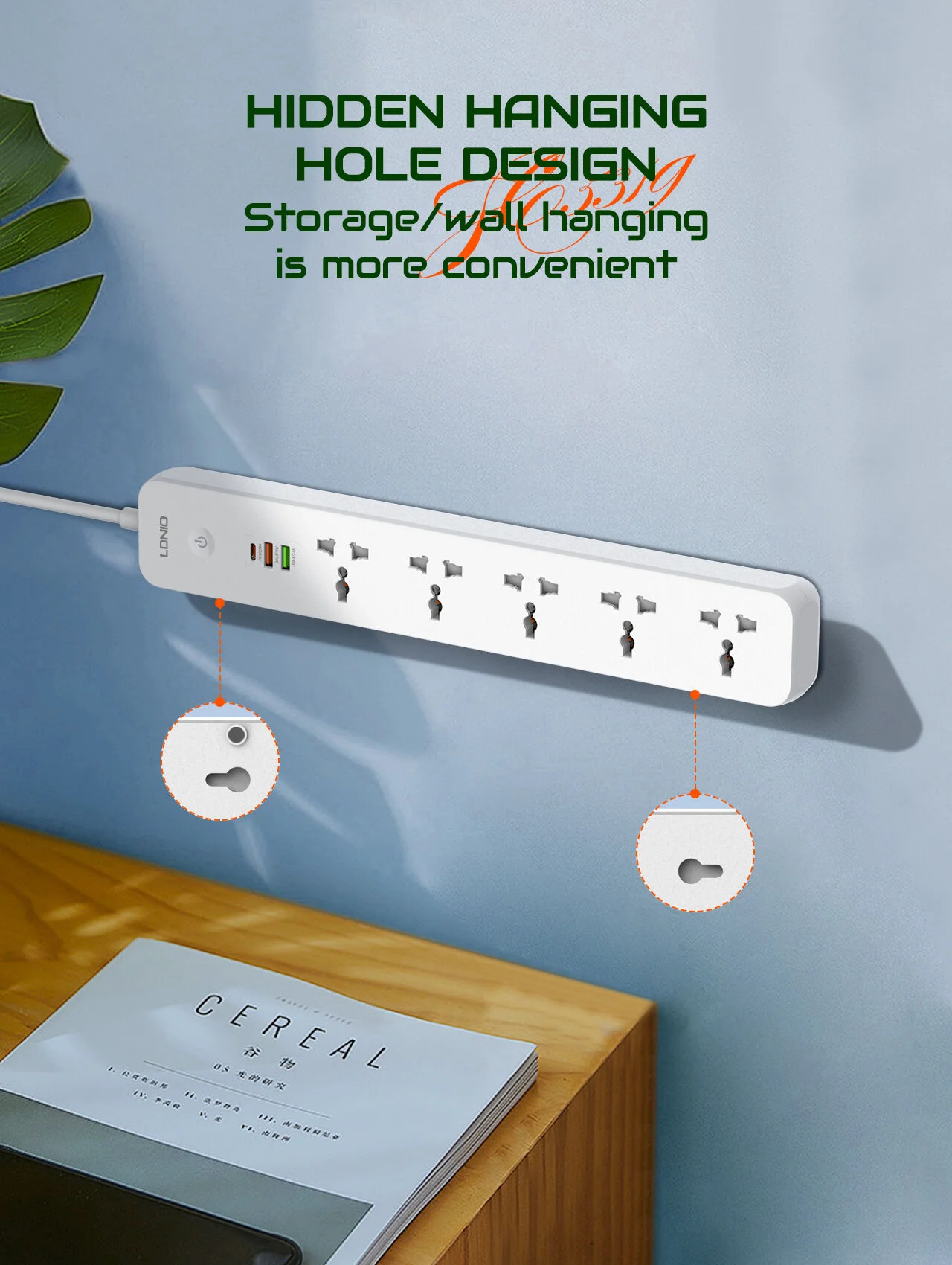 LDNIO SC5319 Multi-Socket Extension Lead with 5 AC Outlets, 3 USB Ports, and 2M Cable for Home and Office