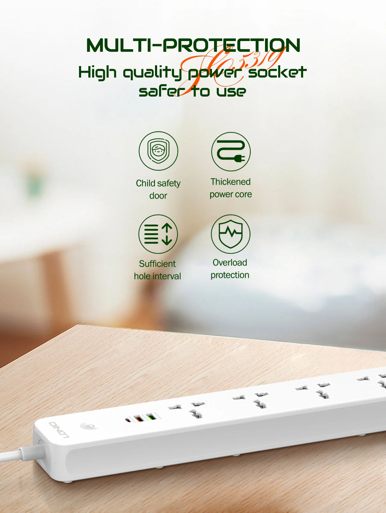 LDNIO SC5319 Multi-Socket Extension Lead with 5 AC Outlets, 3 USB Ports, and 2M Cable for Home and Office