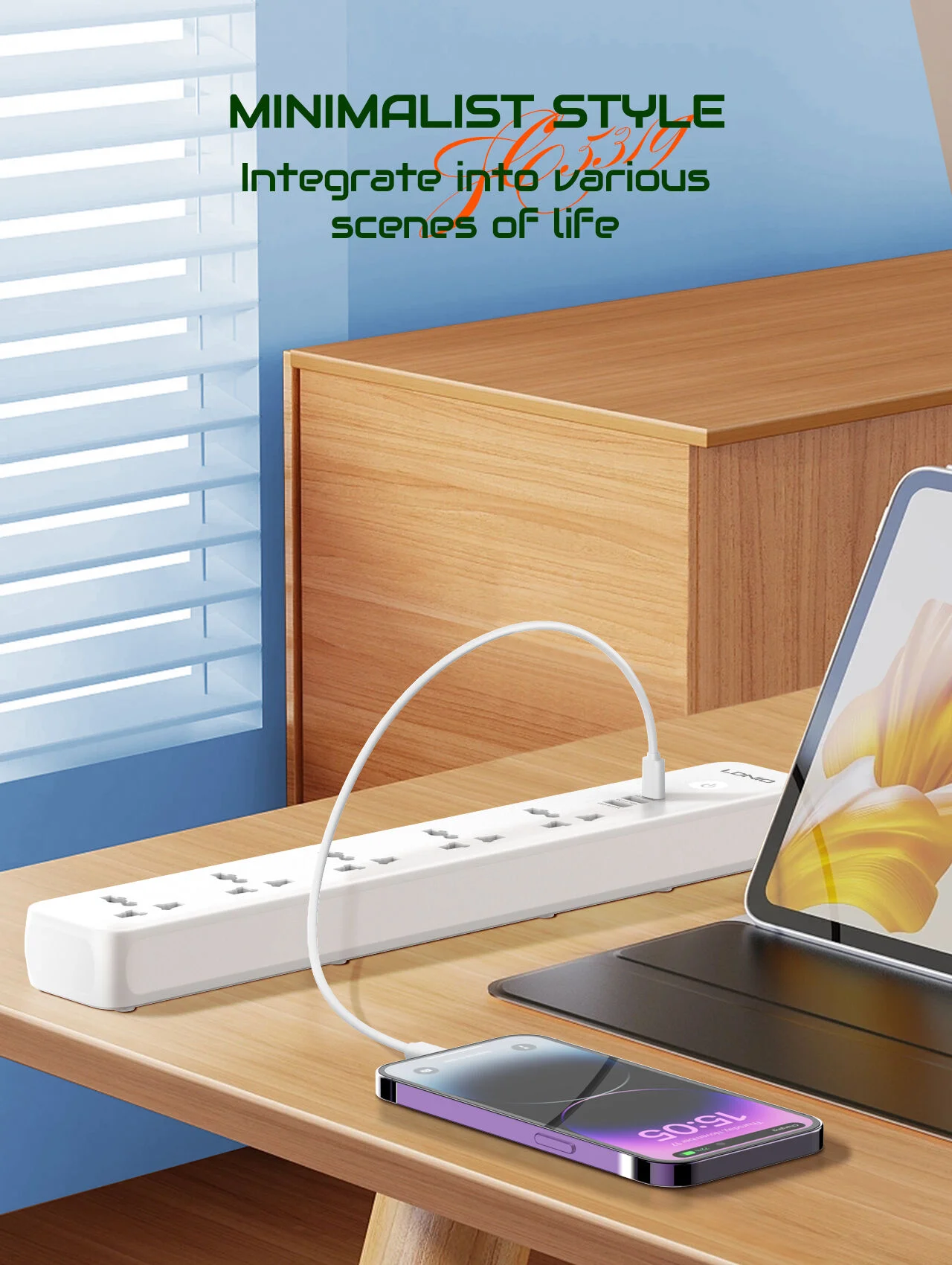 LDNIO SC5319 Multi-Socket Extension Lead with 5 AC Outlets, 3 USB Ports, and 2M Cable for Home and Office